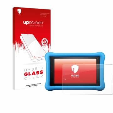Parte frontal de un envase de producto con el logotipo de la marca upscreen. Al lado se muestra el dispositivo Amazon Fire HD 