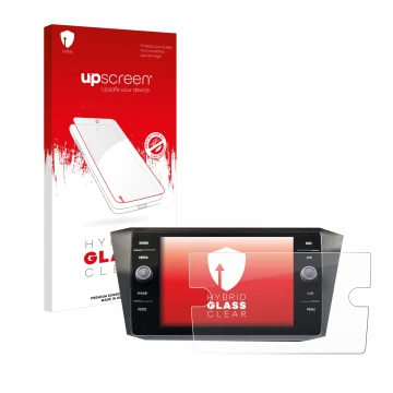 Parte frontal de un envase de producto con el logotipo de la marca upscreen. Al lado se muestra el dispositivo Volkswagen Tigu