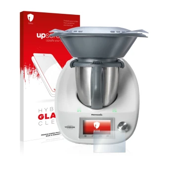 Parte frontal de un envase de producto con el logotipo de la marca upscreen. Al lado se muestra el dispositivo Vorwerk Bimby T