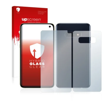 Parte frontal de un envase de producto con el logotipo de la marca upscreen. Al lado se muestra el dispositivo Samsung Galaxy 