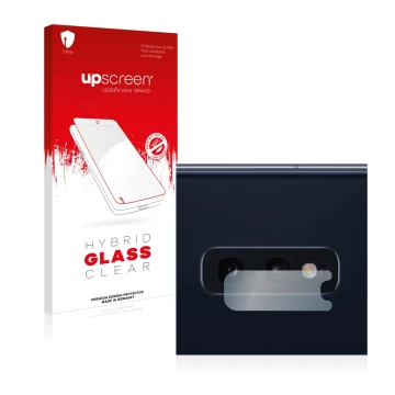 Parte frontal de un envase de producto con el logotipo de la marca upscreen. Al lado se muestra el dispositivo Samsung Galaxy 