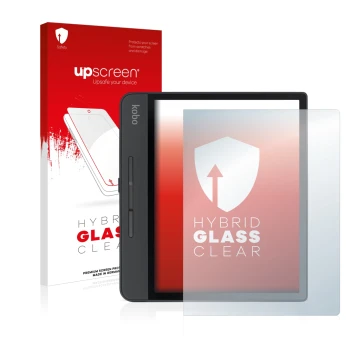 Parte frontal de un envase de producto con el logotipo de la marca upscreen. Al lado se muestra el dispositivo Kobo Forma con 