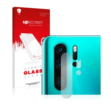 Parte frontal de un envase de producto con el logotipo de la marca upscreen. Al lado se muestra el dispositivo Huawei P30 Pro 