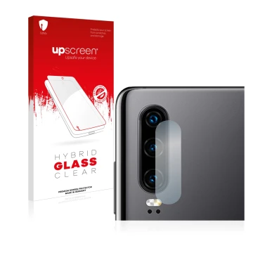 Parte frontal de un envase de producto con el logotipo de la marca upscreen. Al lado se muestra el dispositivo Huawei P30 (SÓL