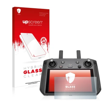 Parte frontal de un envase de producto con el logotipo de la marca upscreen. Al lado se muestra el dispositivo DJI Smart Contr