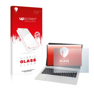 Parte frontal de un envase de producto con el logotipo de la marca upscreen. Al lado se muestra el dispositivo HP EliteBook 83