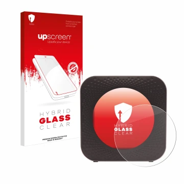 Parte frontal de un envase de producto con el logotipo de la marca upscreen. Al lado se muestra el dispositivo Netgear Nightha
