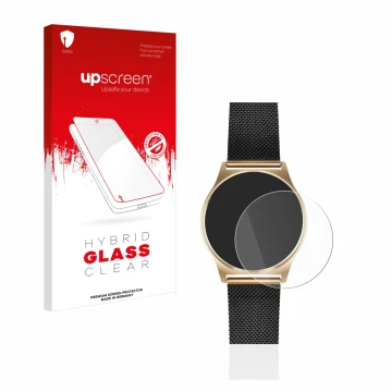 Parte frontal de un envase de producto con el logotipo de la marca upscreen. Al lado se muestra el dispositivo Xlyne X-Watch J