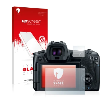 Parte frontal de un envase de producto con el logotipo de la marca upscreen. Al lado se muestra el dispositivo Canon EOS R con