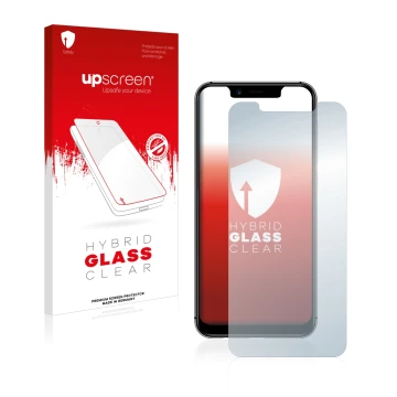 Parte frontal de un envase de producto con el logotipo de la marca upscreen. Al lado se muestra el dispositivo Umidigi A3 Pro 