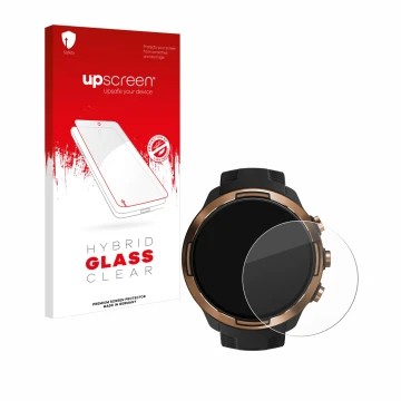 Parte frontal de un envase de producto con el logotipo de la marca upscreen. Al lado se muestra el dispositivo Suunto 9 Baro c