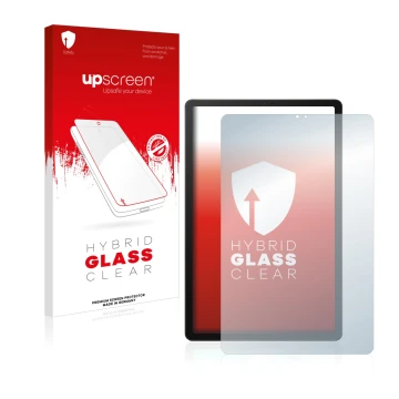 Parte frontal de un envase de producto con el logotipo de la marca upscreen. Al lado se muestra el dispositivo Samsung Galaxy 