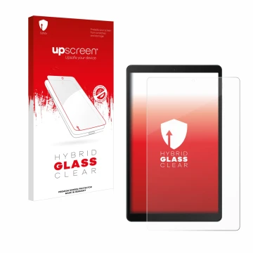 Parte frontal de un envase de producto con el logotipo de la marca upscreen. Al lado se muestra el dispositivo Samsung Galaxy 
