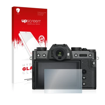 Parte frontal de un envase de producto con el logotipo de la marca upscreen. Al lado se muestra el dispositivo Fujifilm X-T30 
