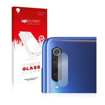 Parte frontal de un envase de producto con el logotipo de la marca upscreen. Al lado se muestra el dispositivo Xiaomi Mi 9 (SÓ