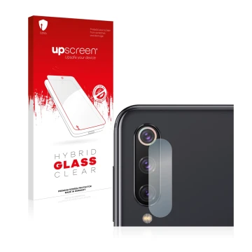 Parte frontal de un envase de producto con el logotipo de la marca upscreen. Al lado se muestra el dispositivo Xiaomi Mi 9 SE 
