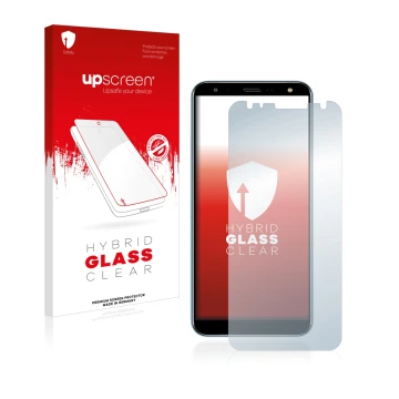 Parte frontal de un envase de producto con el logotipo de la marca upscreen. Al lado se muestra el dispositivo LG K40 con su p