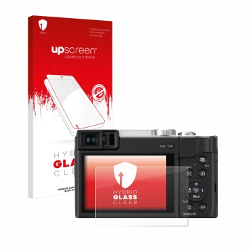 Parte frontal de un envase de producto con el logotipo de la marca upscreen. Al lado se muestra el dispositivo Panasonic Lumix