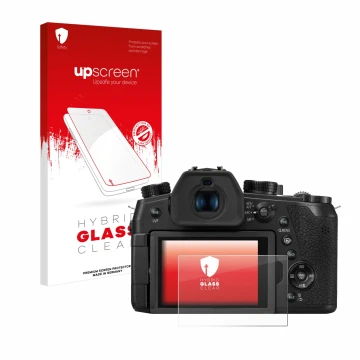 Parte frontal de un envase de producto con el logotipo de la marca upscreen. Al lado se muestra el dispositivo Panasonic Lumix