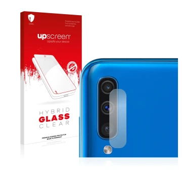 Parte frontal de un envase de producto con el logotipo de la marca upscreen. Al lado se muestra el dispositivo Samsung Galaxy 