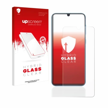 Parte frontal de un envase de producto con el logotipo de la marca upscreen. Al lado se muestra el dispositivo Samsung Galaxy 