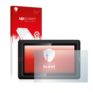 Parte frontal de un envase de producto con el logotipo de la marca upscreen. Al lado se muestra el dispositivo XP-Pen Artist 1