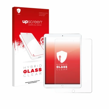 Parte frontal de un envase de producto con el logotipo de la marca upscreen. Al lado se muestra el dispositivo Apple iPad Air 