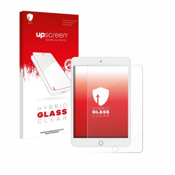 Parte frontal de un envase de producto con el logotipo de la marca upscreen. Al lado se muestra el dispositivo Apple iPad Mini