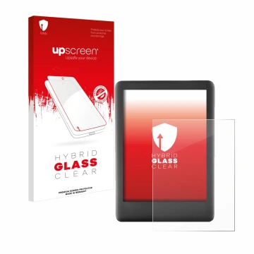 Parte frontal de un envase de producto con el logotipo de la marca upscreen. Al lado se muestra el dispositivo Amazon Kindle 2