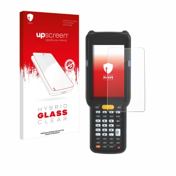 Parte frontal de un envase de producto con el logotipo de la marca upscreen. Al lado se muestra el dispositivo Zebra MC330 con