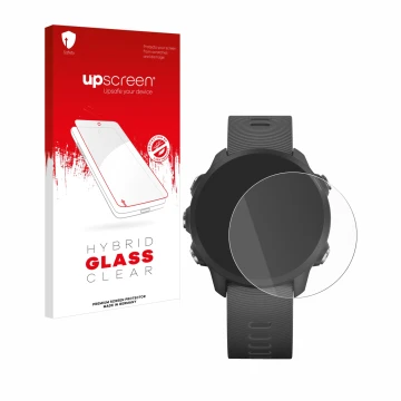 Parte frontal de un envase de producto con el logotipo de la marca upscreen. Al lado se muestra el dispositivo Garmin Forerunn