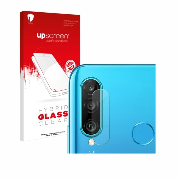 Parte frontal de un envase de producto con el logotipo de la marca upscreen. Al lado se muestra el dispositivo Huawei P30 lite