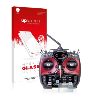 Parte frontal de un envase de producto con el logotipo de la marca upscreen. Al lado se muestra el dispositivo Graupner mz-24 