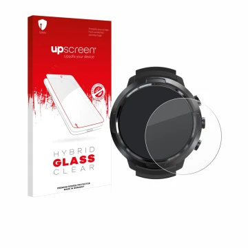 Parte frontal de un envase de producto con el logotipo de la marca upscreen. Al lado se muestra el dispositivo Suunto D5 con s