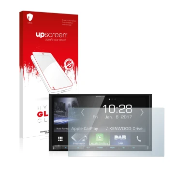 Parte frontal de un envase de producto con el logotipo de la marca upscreen. Al lado se muestra el dispositivo Kenwood DMX7017