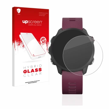 Parte frontal de un envase de producto con el logotipo de la marca upscreen. Al lado se muestra el dispositivo Garmin Forerunn