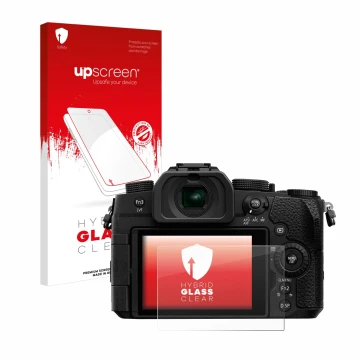 Parte frontal de un envase de producto con el logotipo de la marca upscreen. Al lado se muestra el dispositivo Panasonic Lumix