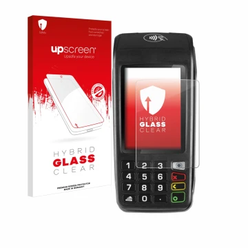 Parte frontal de un envase de producto con el logotipo de la marca upscreen. Al lado se muestra el dispositivo ingenico Move/5