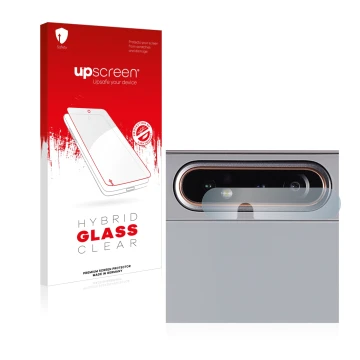 Parte frontal de un envase de producto con el logotipo de la marca upscreen. Al lado se muestra el dispositivo Samsung Galaxy 