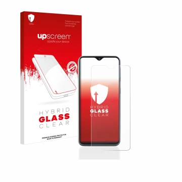 Parte frontal de un envase de producto con el logotipo de la marca upscreen. Al lado se muestra el dispositivo Samsung Galaxy 