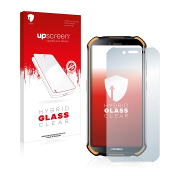 Parte frontal de un envase de producto con el logotipo de la marca upscreen. Al lado se muestra el dispositivo Doogee S40 con 