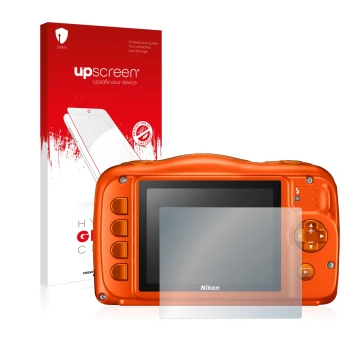 Parte frontal de un envase de producto con el logotipo de la marca upscreen. Al lado se muestra el dispositivo Nikon Coolpix W