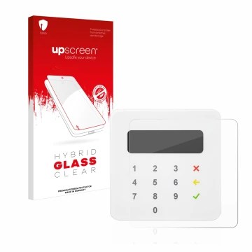 Parte frontal de un envase de producto con el logotipo de la marca upscreen. Al lado se muestra el dispositivo SumUp Air con s