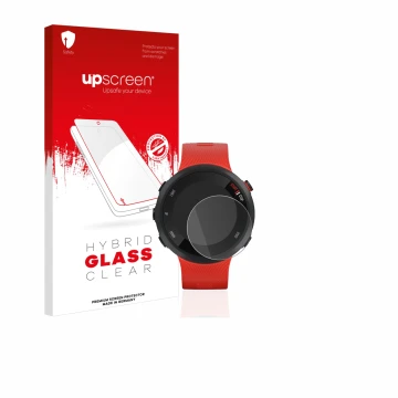 Parte frontal de un envase de producto con el logotipo de la marca upscreen. Al lado se muestra el dispositivo Garmin Forerunn