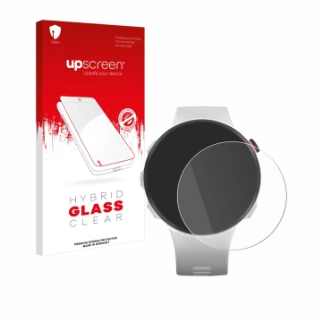 Parte frontal de un envase de producto con el logotipo de la marca upscreen. Al lado se muestra el dispositivo Garmin Forerunn