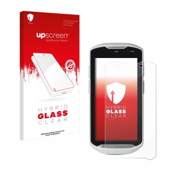 Parte frontal de un envase de producto con el logotipo de la marca upscreen. Al lado se muestra el dispositivo Zebra TC52-HC c
