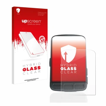 Parte frontal de un envase de producto con el logotipo de la marca upscreen. Al lado se muestra el dispositivo Wahoo Elemnt Ro