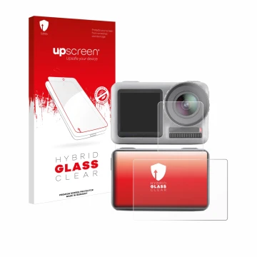Parte frontal de un envase de producto con el logotipo de la marca upscreen. Al lado se muestra el dispositivo DJI Osmo Action