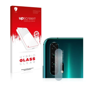 Parte frontal de un envase de producto con el logotipo de la marca upscreen. Al lado se muestra el dispositivo Honor 20 Pro (S