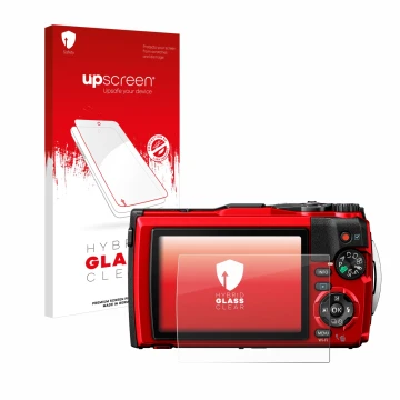 Parte frontal de un envase de producto con el logotipo de la marca upscreen. Al lado se muestra el dispositivo Olympus Tough T